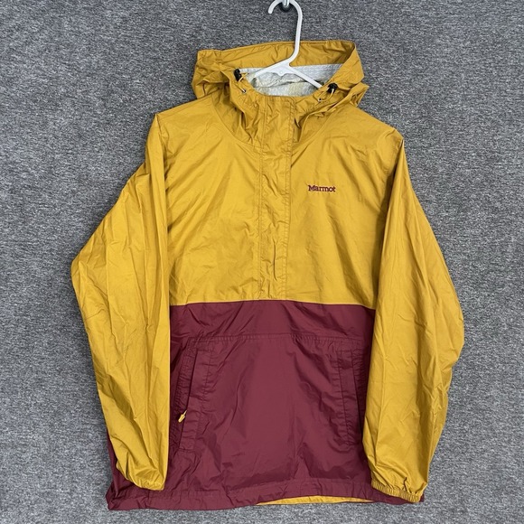 Marmot Womens PreCip Eco Jacket Size L Yellow‎ Red 1/2 Zip Shell - Picture 1 of 10